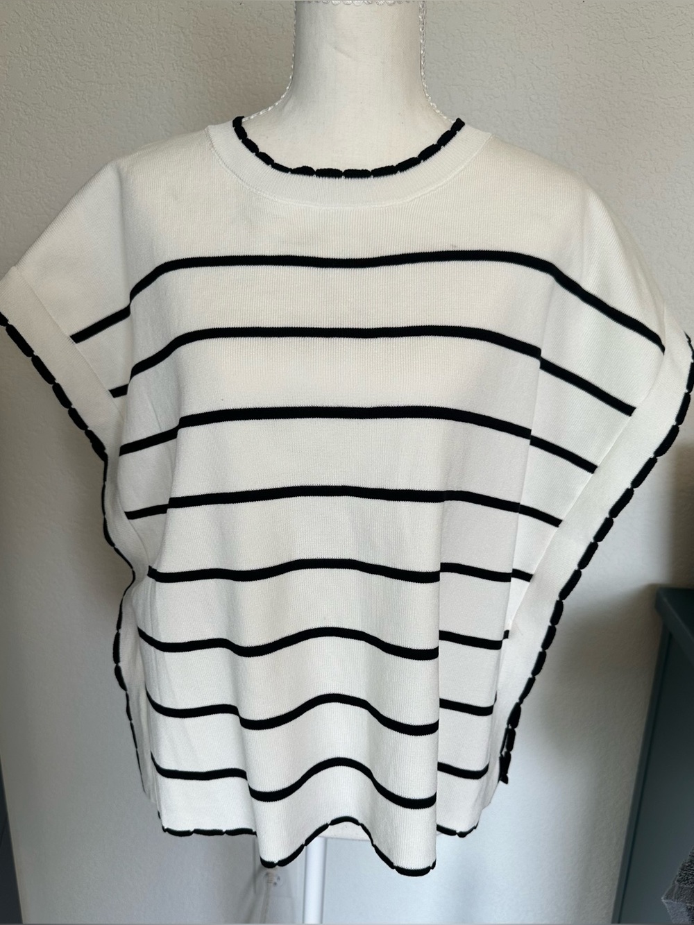 So Me White Knit Top with Black Trim